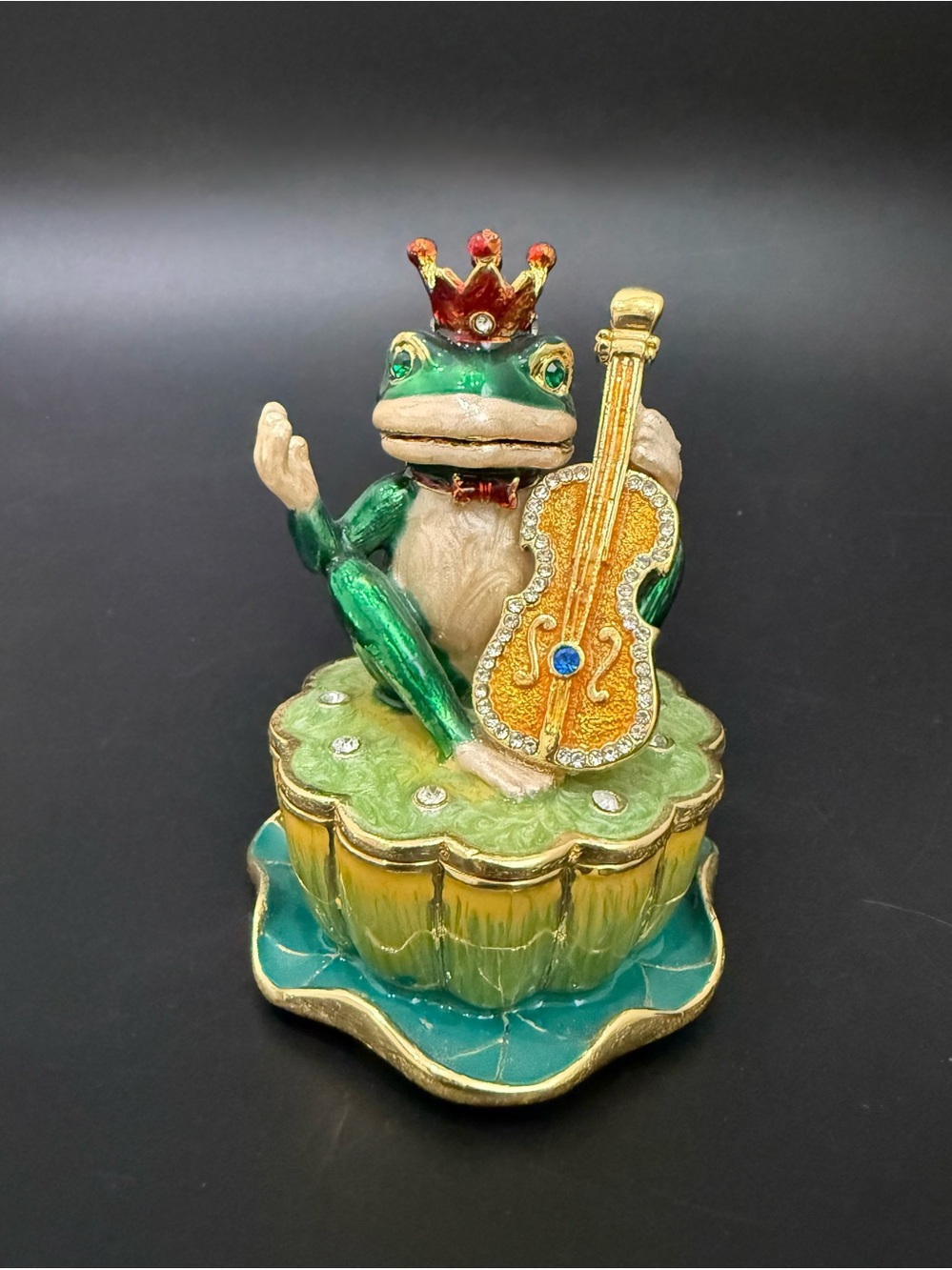 Vintage Bejeweled Enameled Princess Frog Musician in Lily pad Trinket Box